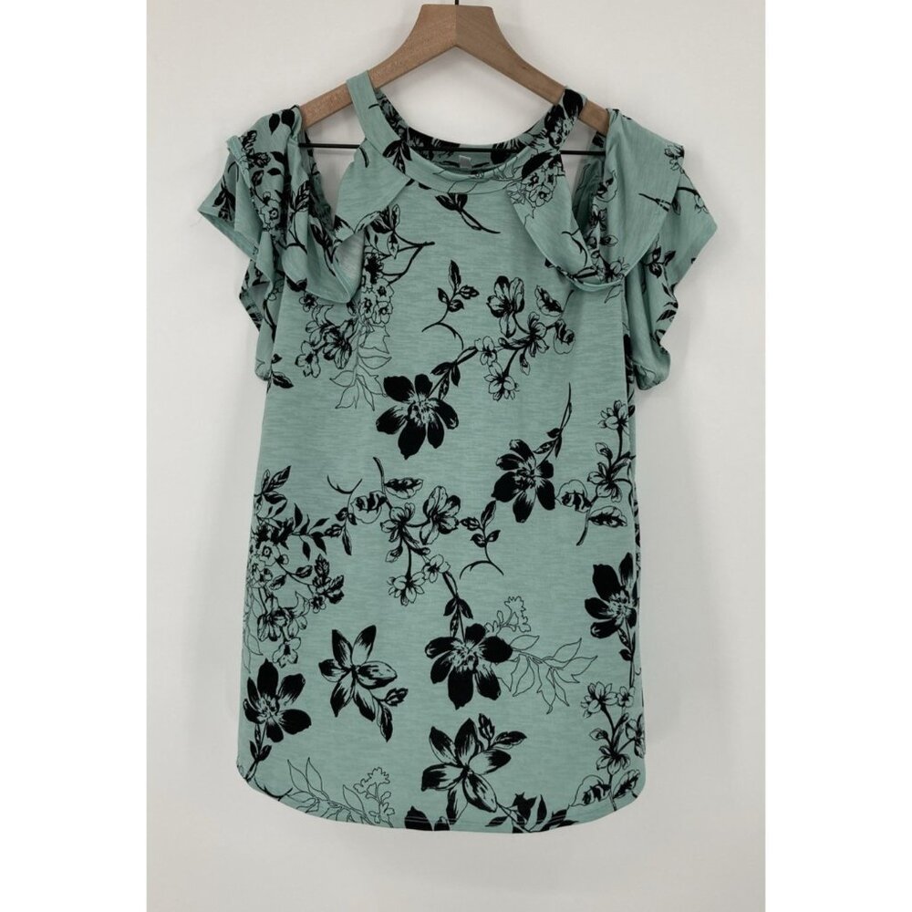 White Birch Cold Shoulder Halter Top Woman Large Green Black Floral Ruffle Sleev